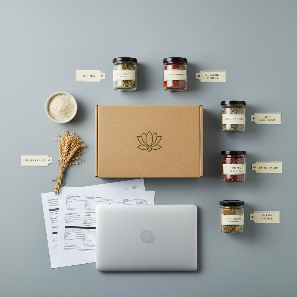An elegant flat-lay composition of export documentation and Indian product samples arranged on a smooth, cool-grey desk surface. At the center, a closed, high-end kraft box stamped with a simple logo is surrounded by neatly labeled glass jars of spices, a ceramic bowl holding fullers earth powder, and a small bundle of dried grains tied with twine. Minimalist charts and printed shipping documents lie partially visible beneath a slim metal laptop, all perfectly aligned. Overhead soft studio lighting creates even illumination with subtle shadows at the edges of objects, conveying precision and order. The mood is professional and trustworthy, with a clean, modern corporate aesthetic. Captured from a true top-down bird’s-eye view, the image has a structured layout and photographic realism, ideal for illustrating a streamlined export process.