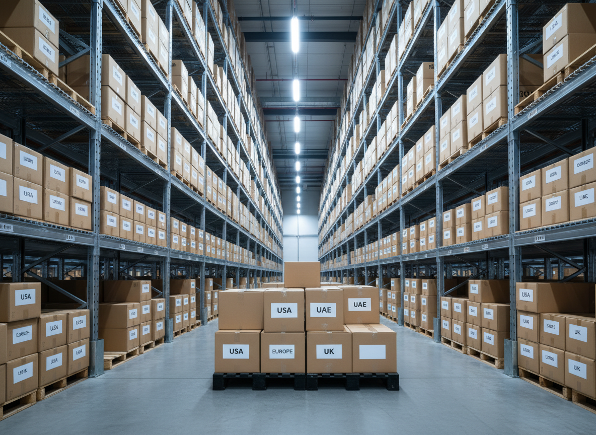 An expansive warehouse-style interior with tall, metal pallet racks lined neatly with export-ready Indian products, rendered in clean, photographic realism. Pallets of uniformly stacked kraft boxes labeled for USA, Europe, UAE, and UK are arranged in immaculate rows, with each label printed in simple black typography on white stickers. In the foreground, a low, industrial-style platform displays a selection of boxes marked for different regions, emphasizing organized global distribution. Cool, diffused overhead lighting from linear LED fixtures casts consistent, soft shadows, highlighting the structure and order of the space. Captured from a slightly low, wide-angle perspective down the central aisle, the lines of the racks converge toward the background, creating depth and a sense of scale. The mood is efficient, professional, and dependable, with neutral greys and muted browns dominating the palette.