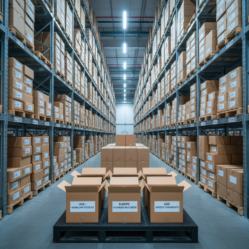 An expansive warehouse-style interior with tall, metal pallet racks lined neatly with export-ready Indian products, rendered in clean, photographic realism. Pallets of uniformly stacked kraft boxes labeled for USA, Europe, UAE, and UK are arranged in immaculate rows, with each label printed in simple black typography on white stickers. In the foreground, a low, industrial-style platform displays a selection of boxes marked for different regions, emphasizing organized global distribution. Cool, diffused overhead lighting from linear LED fixtures casts consistent, soft shadows, highlighting the structure and order of the space. Captured from a slightly low, wide-angle perspective down the central aisle, the lines of the racks converge toward the background, creating depth and a sense of scale. The mood is efficient, professional, and dependable, with neutral greys and muted browns dominating the palette.