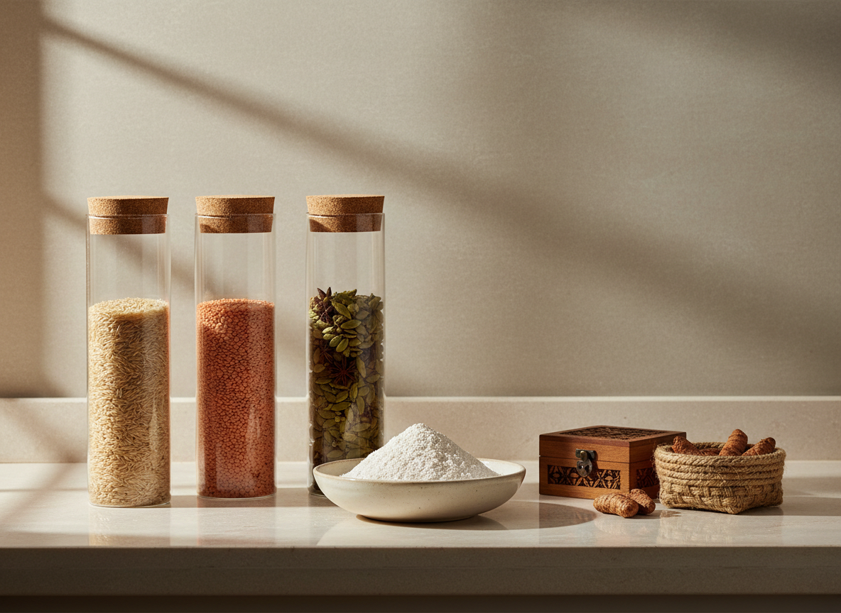 A refined studio still life of Indian agricultural exports and fullers earth presented for an international corporate catalog. On a long, light stone countertop, clear glass containers hold polished grains, pulses, and spices in muted, natural tones alongside a shallow, wide ceramic bowl filled with ultra-fine, pale fullers earth powder. Beside them, a few select handmade items—such as a small carved wooden box and a woven basket—introduce understated artisanal detail. The background is a smooth, warm-grey wall with no distractions. Gentle, directional daylight from the left creates soft highlights on the glass and subtle shadows behind each object, reinforcing texture and purity. Captured at eye level with a medium focal length and rule-of-thirds composition, the scene feels calm, meticulously organized, and premium, reflecting a clean, modern corporate aesthetic in photographic realism.