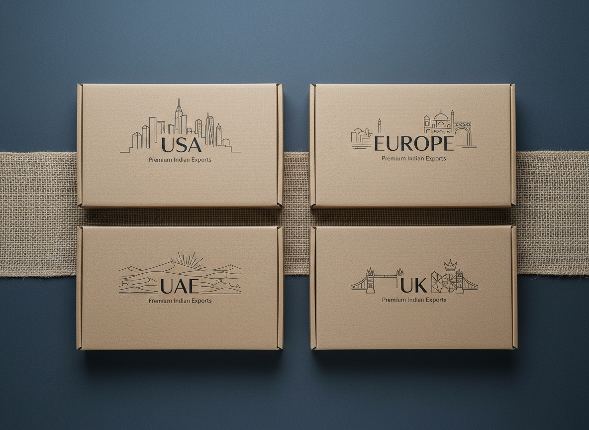 A sophisticated, photographic composition of region-specific export packaging displayed on a matte charcoal surface. Four distinct yet coordinated parcel designs are arranged in a precise grid: one labeled "USA", one "Europe", one "UAE", and one "UK", each using subtle iconography hinting at the destination—such as stylized skylines or geometric motifs—without any flags or clichés. The boxes are closed, with tight, seamless edges and minimalist typography emphasizing “Premium Indian Exports”. A slim strip of textured jute fabric runs beneath them, referencing Indian origin in a restrained way. Cool, even studio lighting from above creates controlled, soft shadows and crisp reflections along the box edges, reinforcing precision. Shot from directly overhead with sharp focus across the frame, the image has a clean, structured, and globally oriented corporate mood, perfect for communicating targeted international export capabilities.