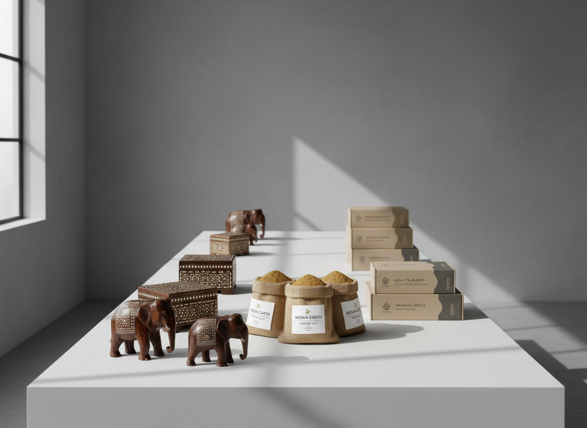 A curated arrangement of export-quality Indian products displayed on a long, matte white pedestal table in a minimalist studio. In the foreground, finely carved wooden handicrafts with intricate inlay work sit beside small burlap sacks of golden-brown fullers earth, labeled with clean, modern tags. To one side, neatly stacked boxes of packaged agricultural goods—spices, lentils, and tea—feature restrained, premium branding. Soft, diffused daylight from a large side window creates gentle highlights and controlled shadows, emphasizing textures without visual clutter. Shot at eye level with a wide frame and sharp focus throughout, the composition is balanced and structured, evoking a professional, corporate catalog aesthetic in photographic realism with neutral greys and soft beige tones dominating the palette.