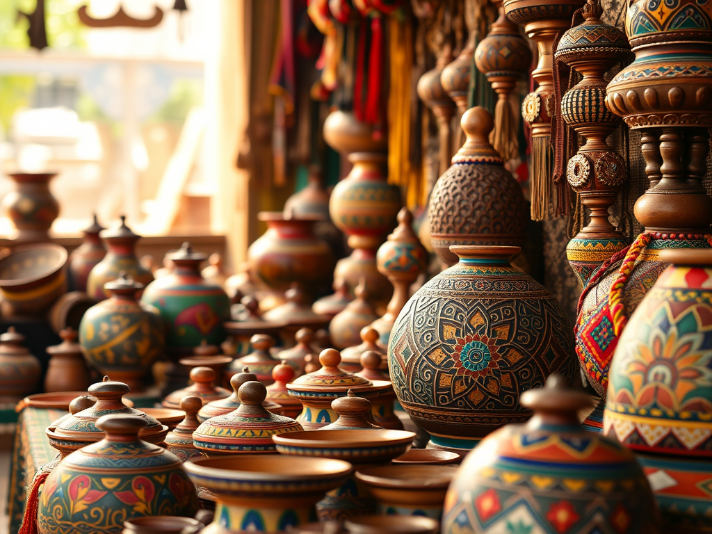 A close-up, photographic view of a premium Indian handicraft export package being presented on a spotless, light beige surface. The main focus is a sturdy, matte-textured cardboard shipping box with crisp edges, printed with discrete icons for fragile, eco-friendly, and export quality. The box is opened to reveal neatly arranged wooden carvings wrapped in unbleached tissue paper, small cloth pouches of agricultural products, and a sealed packet of fullers earth, all separated by custom-cut recycled cardboard inserts. Soft, cool-toned studio lighting from above and slightly to the side creates subtle reflections on printed labels and gentle shadows in the box interior. Shot from a slightly elevated angle with shallow depth of field, the edges of the frame fall softly out of focus, reinforcing a calm, reliable, and high-end corporate mood.