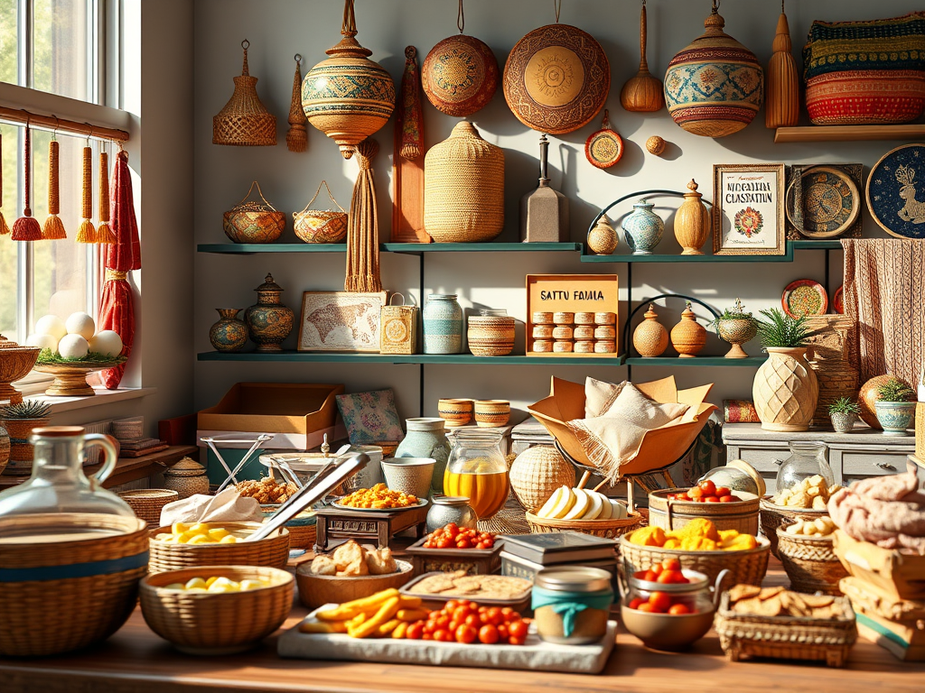 An elegant flat-lay composition of export documentation and Indian product samples arranged on a smooth, cool-grey desk surface. At the center, a closed, high-end kraft box stamped with a simple logo is surrounded by neatly labeled glass jars of spices, a ceramic bowl holding fullers earth powder, and a small bundle of dried grains tied with twine. Minimalist charts and printed shipping documents lie partially visible beneath a slim metal laptop, all perfectly aligned. Overhead soft studio lighting creates even illumination with subtle shadows at the edges of objects, conveying precision and order. The mood is professional and trustworthy, with a clean, modern corporate aesthetic. Captured from a true top-down bird’s-eye view, the image has a structured layout and photographic realism, ideal for illustrating a streamlined export process.