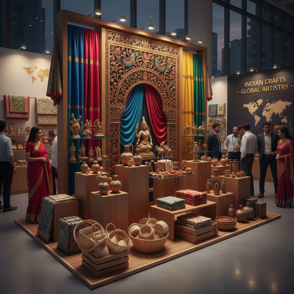 Exhibition booth for Indian Crafts Global Artistry featuring traditional textiles, sculptures, and handmade pottery.